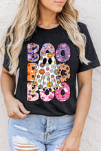 Load image into Gallery viewer, Black BOO Floral Ghost Print Crew Neck Halloween T Shirt
