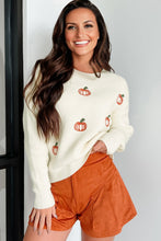 Load image into Gallery viewer, Beige Pumpkin Embroidered Ribbed Thanksgiving Halloween Holiday Sweater
