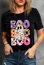 Load image into Gallery viewer, Black BOO Floral Ghost Print Crew Neck Halloween T Shirt
