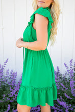 Load image into Gallery viewer, Bright Green Split V Neck Elastic Waist Ruffled Dress

