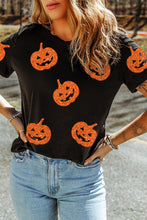 Load image into Gallery viewer, Black Glittering Pumpkin Face Graphic Crewneck Halloween T Shirt
