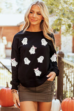 Load image into Gallery viewer, Black Sequin Cute Bow Ghost Graphic Crew Neck Halloween Sweatshirt
