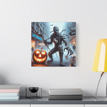 Load image into Gallery viewer, Halloween Canvas Art, Spooky Decor for Fall Celebrations, Mummy with Pumpkins, Cozy Wall Art, Haunted House Vibes
