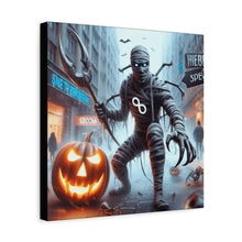 Load image into Gallery viewer, Halloween Canvas Art, Spooky Decor for Fall Celebrations, Mummy with Pumpkins, Cozy Wall Art, Haunted House Vibes
