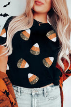 Load image into Gallery viewer, Black Sequin Candy Patched Pattern Halloween T Shirt
