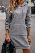 Load image into Gallery viewer, Gray Textured Kangaroo Pocket Drawstring Hooded Mini Dress
