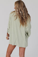 Load image into Gallery viewer, Green Ribbed Roll-tab Sleeve Chest Pocket Oversize Top
