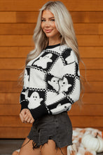 Load image into Gallery viewer, Black Halloween Ghost Checkered Drop Shoulder Sweater

