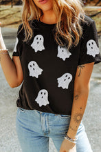 Load image into Gallery viewer, Black Glitter Ghost Pattern Crew Neck Halloween T Shirt

