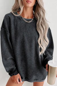 Green Solid Ribbed Knit Round Neck Pullover Sweatshirt