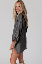 Load image into Gallery viewer, Green Ribbed Roll-tab Sleeve Chest Pocket Oversize Top
