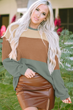 Load image into Gallery viewer, Green Stripe Textured Color Block Bubble Sleeve Baggy Top
