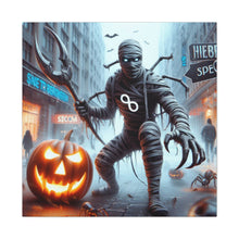 Load image into Gallery viewer, Halloween Canvas Art, Spooky Decor for Fall Celebrations, Mummy with Pumpkins, Cozy Wall Art, Haunted House Vibes
