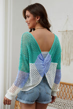 Load image into Gallery viewer, Multicolor Color Block Eyelet Long Sleeve Twisted Back Knit Top

