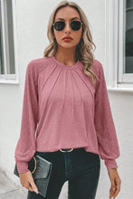Load image into Gallery viewer, Light French Beige Contrast Lace Raglan Sleeve Plicate Round Neck Top
