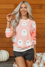 Load image into Gallery viewer, Gossamer Pink Halloween Terry Ghost Striped Trim Loose Sweatshirt

