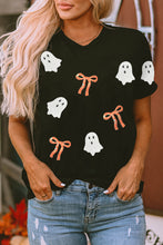 Load image into Gallery viewer, Black Sequin Bow Ghost Patched Halloween Graphic Tee
