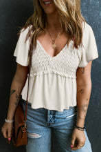 Load image into Gallery viewer, Oatmeal Shirred V Neck Short Flutter Sleeve Textured Blouse
