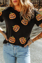 Load image into Gallery viewer, Black Sequin Pumpkin Face Halloween T Shirt
