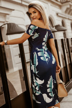 Load image into Gallery viewer, Green Floral Print Off Shoulder Slit Bodycon Midi Dress
