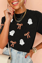 Load image into Gallery viewer, Black Sequin Bow Ghost Patched Halloween Graphic Tee
