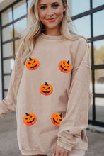 Load image into Gallery viewer, Apricot Twisted Rib Texture Chenille Halloween Pumpkin Patched Drop Shoulder Sweatshirt
