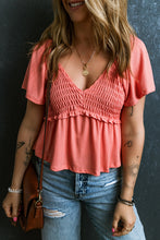 Load image into Gallery viewer, Oatmeal Shirred V Neck Short Flutter Sleeve Textured Blouse
