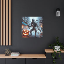 Load image into Gallery viewer, Halloween Canvas Art, Spooky Decor for Fall Celebrations, Mummy with Pumpkins, Cozy Wall Art, Haunted House Vibes
