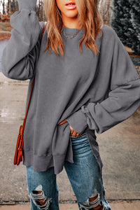 Gray Drop Shoulder Ribbed Trim Oversized Sweatshirt