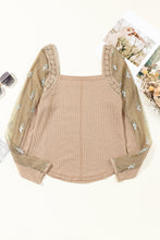 Load image into Gallery viewer, Light French Beige Floral Gauze Sleeve Patchwork Ribbed Knit Top

