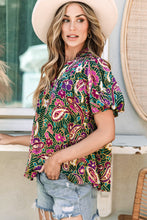Load image into Gallery viewer, Green V Neck Short Bubble Sleeve Paisley Blouse
