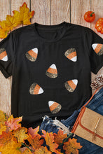 Load image into Gallery viewer, Black Sequin Candy Patched Pattern Halloween T Shirt
