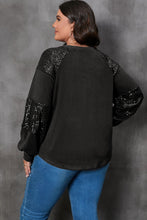 Load image into Gallery viewer, Black Plus Size Sequin Patchwork Crew Neck Long Sleeve Top
