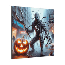Load image into Gallery viewer, Halloween Canvas Art, Spooky Decor for Fall Celebrations, Mummy with Pumpkins, Cozy Wall Art, Haunted House Vibes
