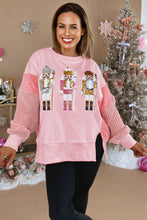 Load image into Gallery viewer, Beau Blue Sequin Nutcracker Textured Sleeve Patchwork Color Block Sweatshirt
