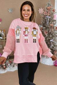 Beau Blue Sequin Nutcracker Textured Sleeve Patchwork Color Block Sweatshirt