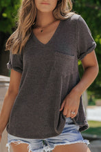 Load image into Gallery viewer, Carbon Grey Twist Short Sleeve Corded V Neck Top
