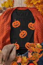 Load image into Gallery viewer, Black Glittering Pumpkin Face Graphic Crewneck Halloween T Shirt
