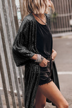 Load image into Gallery viewer, Black Sequin 3/4 Sleeve Open Front Duster Kimono
