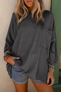 Green Ribbed Roll-tab Sleeve Chest Pocket Oversize Top