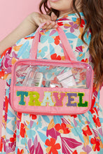 Load image into Gallery viewer, Purple TRAVEL Chenille Letter Clear PVC Makeup Bag

