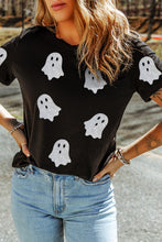 Load image into Gallery viewer, Black Glitter Ghost Pattern Crew Neck Halloween T Shirt
