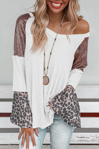 Black Sequin Patchwork Bell Sleeve V Neck Tunic Top