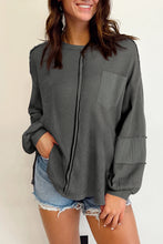 Load image into Gallery viewer, Pink Exposed Seam Patchwork Bubble Sleeve Waffle Knit Top
