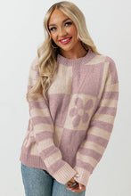 Load image into Gallery viewer, Green Checkered Floral Print Striped Sleeve Sweater
