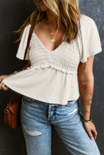Load image into Gallery viewer, Oatmeal Shirred V Neck Short Flutter Sleeve Textured Blouse
