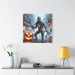 Halloween Canvas Art, Spooky Decor for Fall Celebrations, Mummy with Pumpkins, Cozy Wall Art, Haunted House Vibes