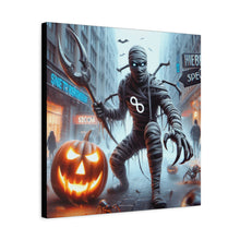 Load image into Gallery viewer, Halloween Canvas Art, Spooky Decor for Fall Celebrations, Mummy with Pumpkins, Cozy Wall Art, Haunted House Vibes
