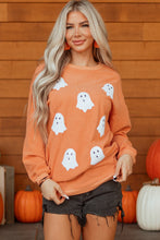 Load image into Gallery viewer, Orange Twisted Ribbed Texture Halloween Ghost Sequin Patched Sweatshirt
