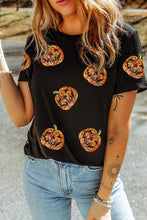 Load image into Gallery viewer, Black Sequin Pumpkin Face Halloween T Shirt
